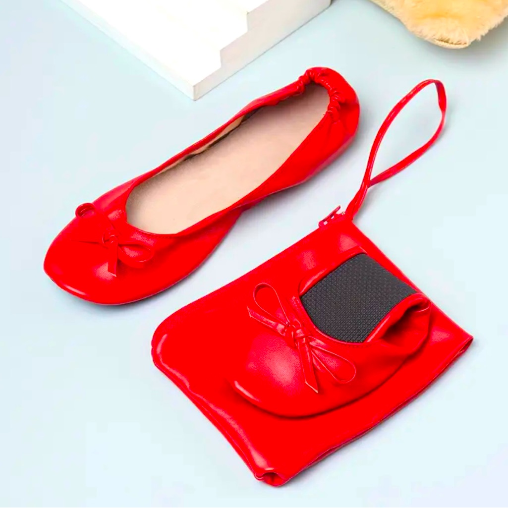 New - Stylish Women's Bowknot Ballet Style Shoes With Travel Pouch- Red - Size 8